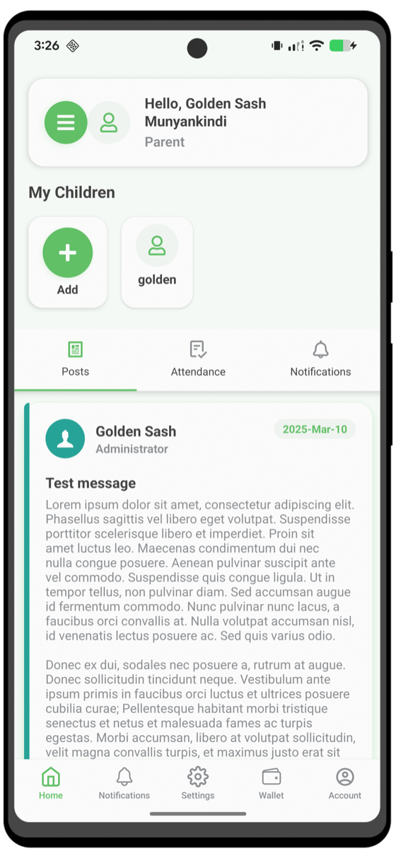 The SchoolFlow parent app home screen