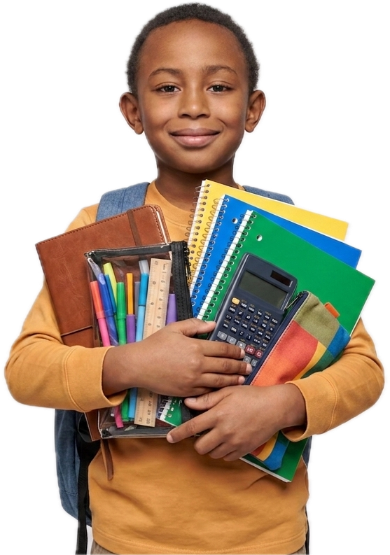 A student holding notebooks, pens, and a calculator bought through the SchoolFlow Store