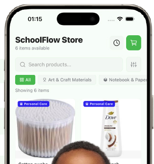 The SchoolFlow Store screen inside the app, showing school supplies for sale